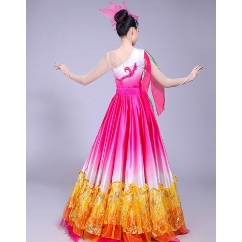 Flamenco dresses for women female pink gradient Spanish bull dancing chorus opening dancing big skirted long dresses